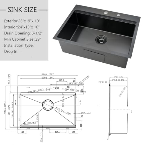 26 inch Black Drop in Kitchen Sink