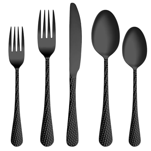 30 Pcs Black Hammered Silverware Set Service for 6 (30 Count)