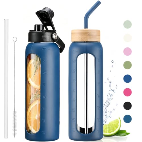 32 oz Glass Water Bottle with Straw and 2 Lids