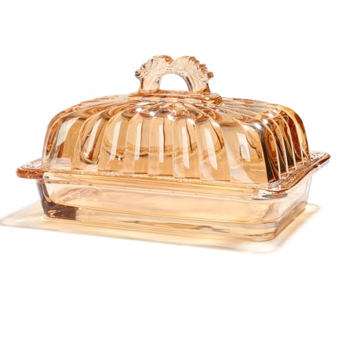 Vintage Fancy Amber Glass Butter Dish with Arch Handle Lid