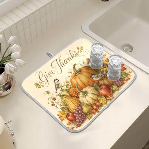 Thanksgiving Dish Drying Mat for Kitchen Counter Absorbent Microfiber Small Drying Pad Fall Autumn Harvest Pumpkin Dish Mats for Kitchen Countertops 16 x 18 Inch