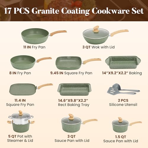 17Pcs Green Induction Cookware Set