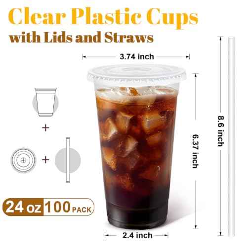 100 Pack 24 oz Clear Plastic Cups with Lids and Straws Disposable (100 Count)