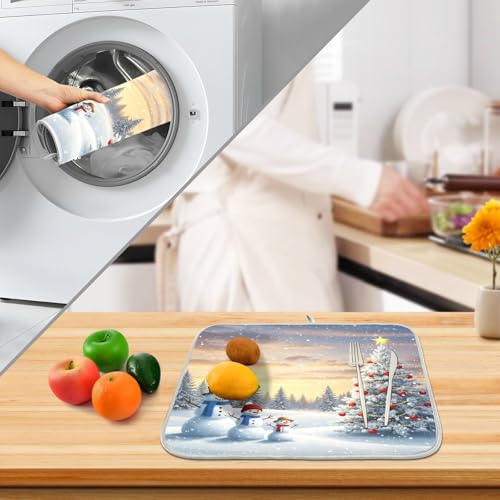 Christmas Tree and Snowman Dish Drying Mat for Kitchen Counter Absorbent Microfiber Large Winter Snowflakes Drying Pad Dish Mats for Kitchen Countertops 18 x 24 Inch