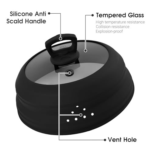 Microwave Splatter Cover Glass 10.5 Inch Microwave Cover for Food with Handle Collapsible Silicone Microwave Cover with Steam Vent for Pot Plate Bowl