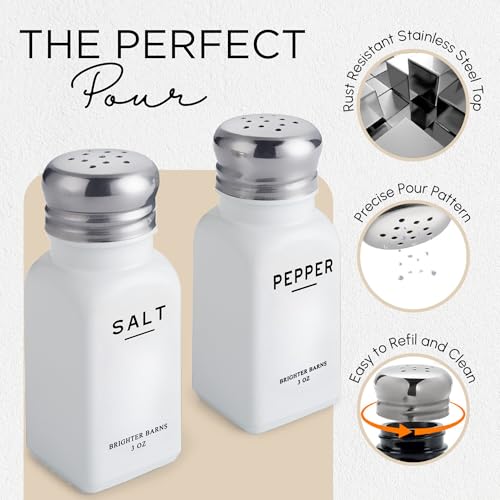 White Salt and Pepper Shakers Set with Holder by Brighter Barns