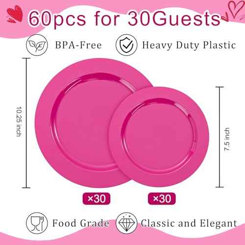 60PCS Hot Pink Disposable Party Plates Set (60 Count)
