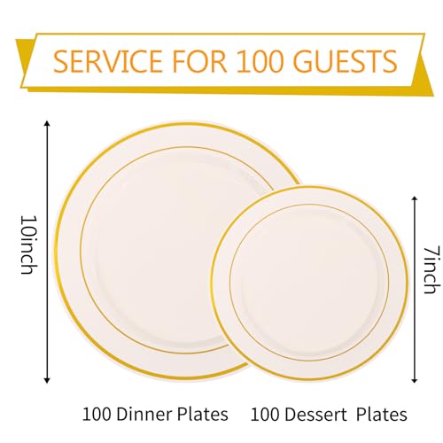 200PCS Gold and Ivory Plastic Plates (200 Count)