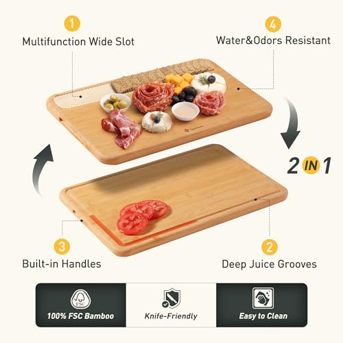 2 Packs Natural Wood Cutting Board Set Non Toxic Bamboo Cutting Boards with Juice Groove Wooden Chopping Board Ideal Charcuterie for Meat Fruit Vegetables Cheese Hardwood Kitchen Counter Kit (2 Count)