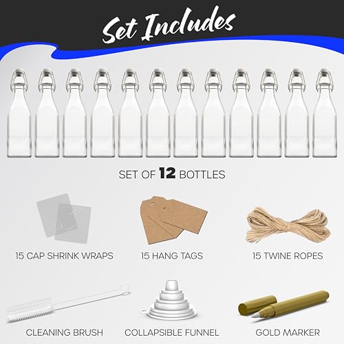 12 Oz Square Swing Top Glass Bottles with Airtight Lid 12 Pack (12 Count)