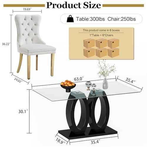 63" Glass Dining Table Set for 6