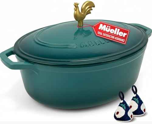 MUELLER HOME 5.5 Quart Enameled Cast Iron Oval Dutch Oven with Rooster Knob and Cotton Potholders