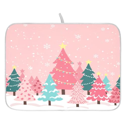 Christmas Tree Pink Dish Drying Mat for Kitchen Counter Absorbent Microfiber Small Drying Pad Winter White Snowflake Xmas Dish Mats for Kitchen Countertops 16 x 18 Inch