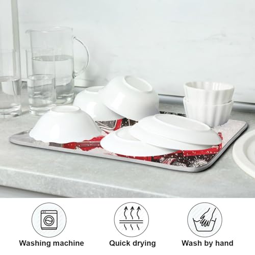 Red Christmas Truck Dish Drying Mat for Kitchen Counter Absorbent Microfiber Drying Pad