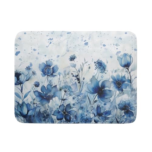 Blue Floral Dish Drying Mat for Kitchen Counter Watercolor Leaves Dishes Drainer Rack Mat Absorbent Microfiber Dish Draining Pad 18x24 Inch