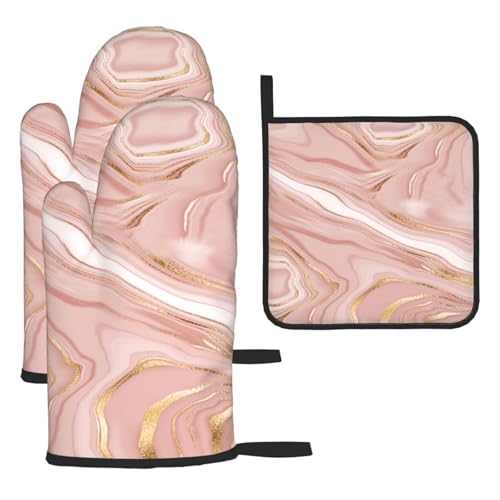 Pink Golden Marble Oven Mitts and Pot Holders Sets of 3 (3 Count)
