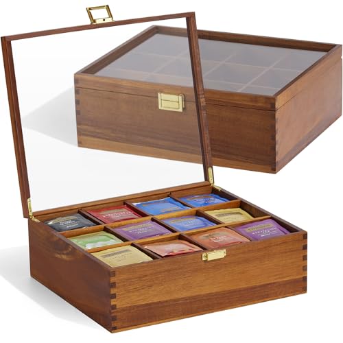 Wood Tea Bag Organizer with Clear Glass Lid (12 Count)
