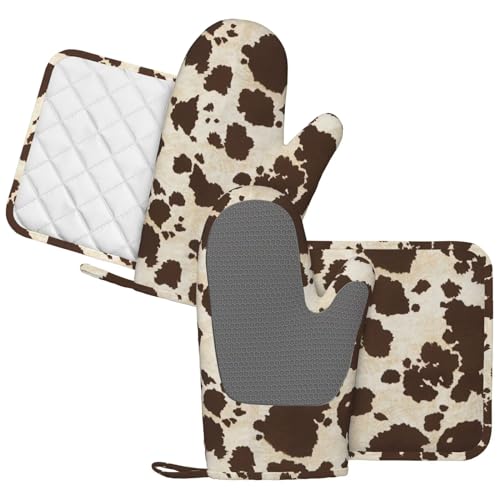 Brown Cowhide Oven Mitts and Pot Holders Sets Silicone Brown Cow Print Kitchen Mitts Cowhide Skin Pattern Potholders Heat Resistant 4Pcs Oven Gloves Hot Pads for Kitchen Baking Cooking (4 Count)