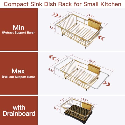Gold Dish Drying Rack in Sink with Drainboard and Utensil Holder