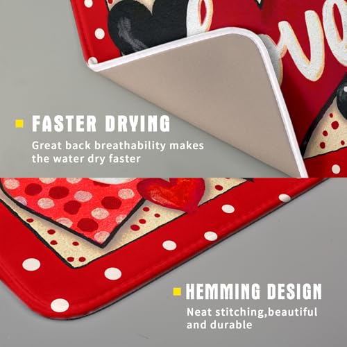 Love Heart Dish Drying Mat 16"x18" Red Dots Microfiber Dish Rack Mat Holiday Absorbent Fast Dry Draining Pad for Kitchen Counter Bar Sinks