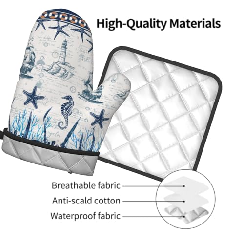 Nautical Sailboat Oven Mitts and Pot Holder Set of 2 Ocean Starfish Heat Resistant Oven Glove Washable Potholder for Kitchen Cooking Baking