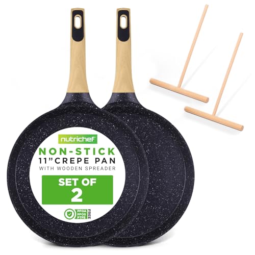 2-Pack Non-Stick Crepe Pan Set – 11” Marble Coated Dosa Pans with Wooden Spreaders, Bakelite and Wood Handles, Induction-Compatible, Easy-to-Clean, Stain-Resistant (Black Marble) (2 Count)