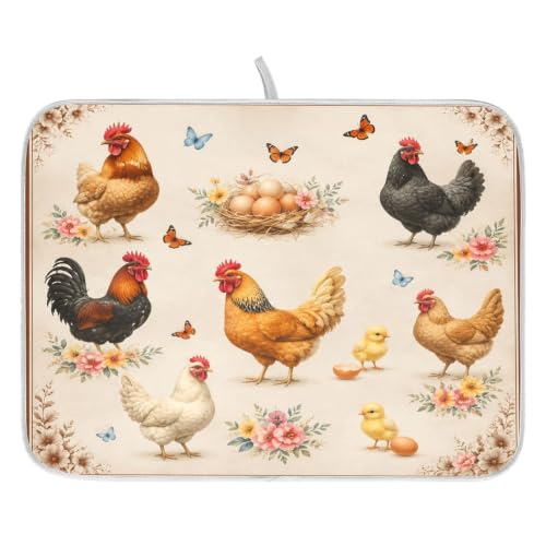 Farmhouse Rooster Dish Drying Mat for Kitchen Counter Absorbent Microfiber Small Drying Pad Dish mats for Kitchen Countertops 16 x 18 Inch