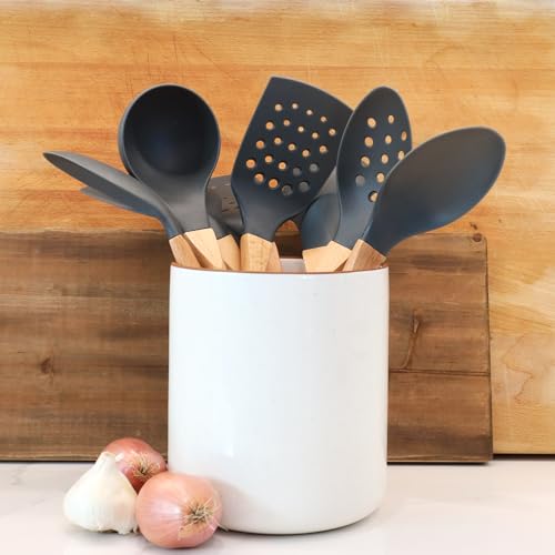 5pc Dark Grey Nylon Wooden Kitchen Utensils with Cooking Spoons