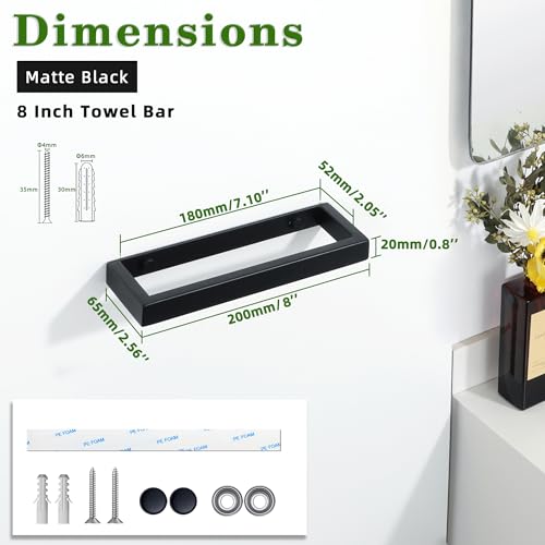 8 Inch Hand Towel Holder Black Towel Bar for Bathroom Wall Mounted