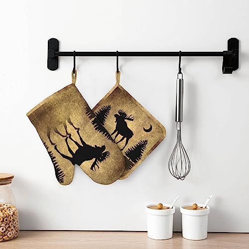 Rustic Elk Moose Deer Forest Pine Tree Moon Design Oven Mitts and Pot Holders Sets Silicone Moose Kitchen Mitts Potholders Heat Resistant 4Pcs Moose Oven Gloves Hot Pads for Kitchen (4 Count)