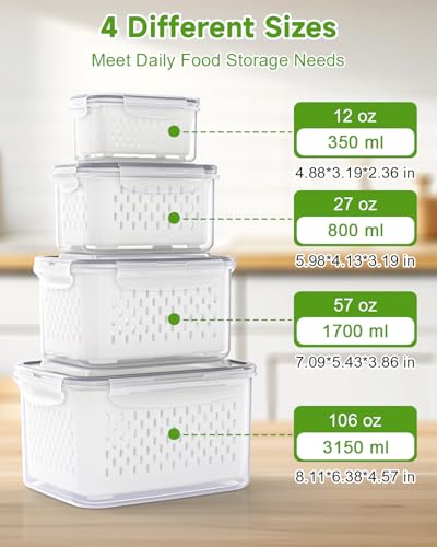 4 Pack Fruit Storage Containers for Fridge Fresh Berry Keeper with Colander (4 Count)