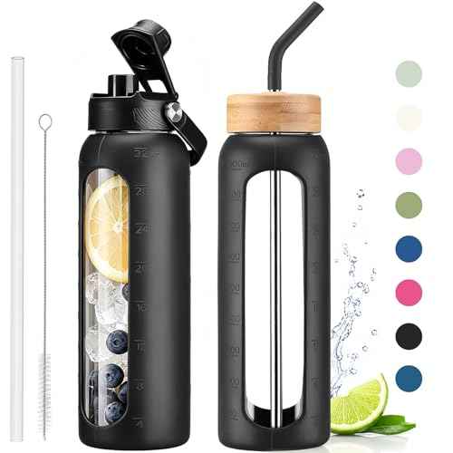 32 oz Glass Water Bottle with Straw and 2 Lids