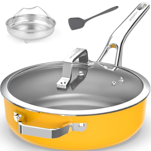 10-in-1 Yellow Ceramic Nonstick Deep Saute Pan Set With Steamer & Lid, 4QT