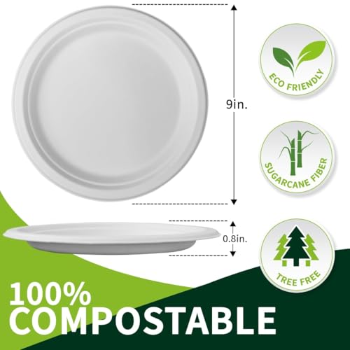9 Inch Compostable Paper Plates 【White150 Pack】 (150 Count)