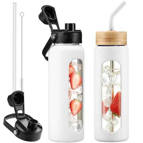 24 oz Glass Water Bottle with Straw and 2 Lids