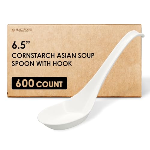 Disposable PLA Cornstarch Asian Soup Spoons with Hook Plastic (600 Count)