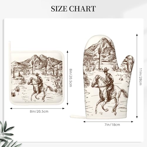 Western Cowboy Oven Mitts and Pot Holders 4 pcs Set Silicone West Cowboy Riding Horse in Desert Kitchen Oven Mitt Gloves Cowboy Pot Holders Non