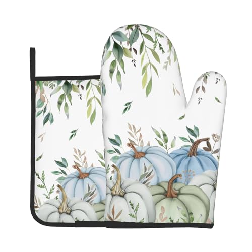 Fall Blue Pumpkin Oven Mitts and Pot Holder Set of 2 Autumn Harvest Heat Resistant Kitchen Oven Gloves Hot Pads for Baking Cooking Grilling