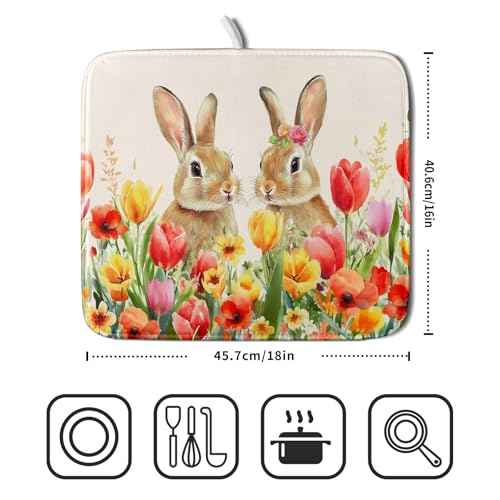 Easter Bunny Dish Drying Mat 16x18 inch Spring Floral Drying Pad Holiday Absorbent Microfiber Dishes Drainer Protector for Kitchen Counter