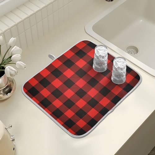 Christmas Red Black Buffalo Plaid Dish Drying Mat for Kitchen Counter Absorbent Microfiber Large Drying Pad Dish Mats for Kitchen Countertops 18 x 24 Inch