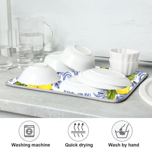 Lemon Blue Tiles Dish Drying Mat for Kitchen Counter Absorbent Microfiber Drying Pad