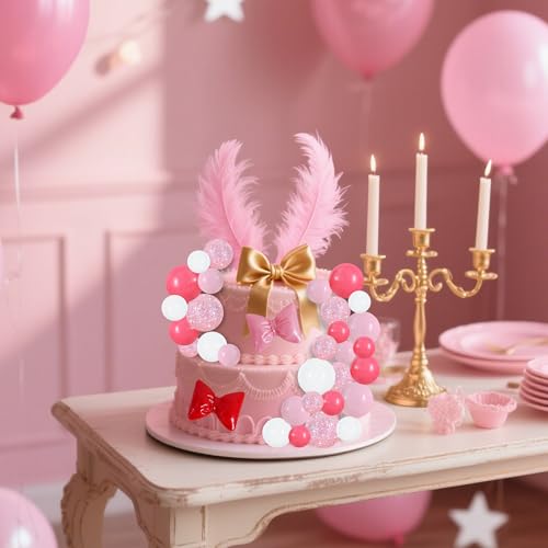 42 pcs Foam Ball Cake Toppers with Sticks Includes 2 Bow Cake Decor Perfect for Birthday Party Pink&White Theme Party Decor Wedding Anniversary Celebration (42 Count)
