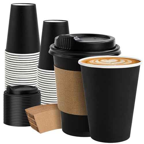 50 Pack 12 oz Disposable Coffee Cups with Lids and Sleeves (50 Count)