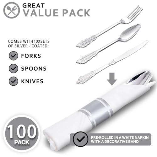 400PCS Pre Rolled Silver Plastic Silverware Sets Fancy for Wedding (400 Count)