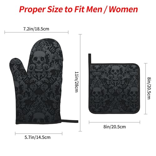 Victorian Gothic Black Skull Damask Oven Mitts and Pot Holders Sets of 4