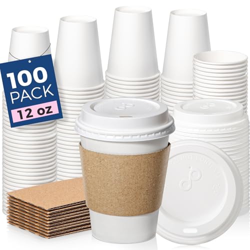 100 Pack 12 oz Disposable Coffee Cups with Lids (100 Count)