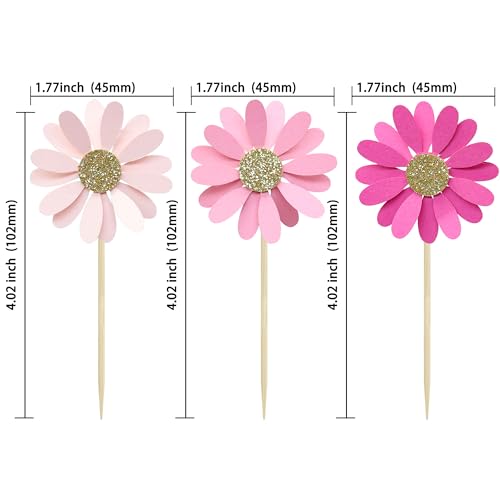 24Pcs Daisy Cupcake Toppers Flower Cake Topper Decorations Daisy Cake Decorations Chrysanthemum Cupcake Toppers Spring Daisy Flower Cake Picks for Birthday Wedding Supplies Rose Red Pink (24 Count)