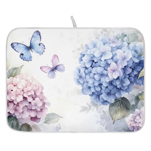 Blue Pink Hydrangea Spring Floral Dish Drying Mat for Kitchen Counter Absorbent Microfiber Large Drying Pad Dish Mats for Kitchen Countertops 18 x 24 Inch
