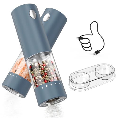 Electric Salt and Pepper Grinder Set Rechargeable Salt and Pepper Mills with Storage Base (2 Count)
