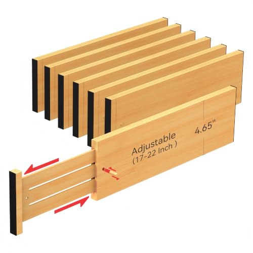 6 Pack Bamboo Drawer Dividers 4.65" High Adjustable from 17'' to 22'' (6 Count)